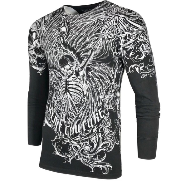 Xtreme Couture by Affliction Men's Thermal Shirt ACCUSER Skull Biker MMA Black - Picture 4 of 8